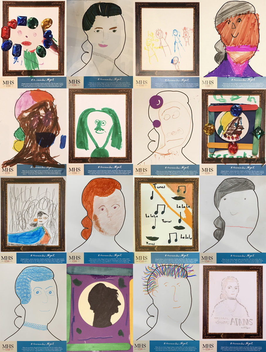 Collage of sixteen drawings of a woman's face